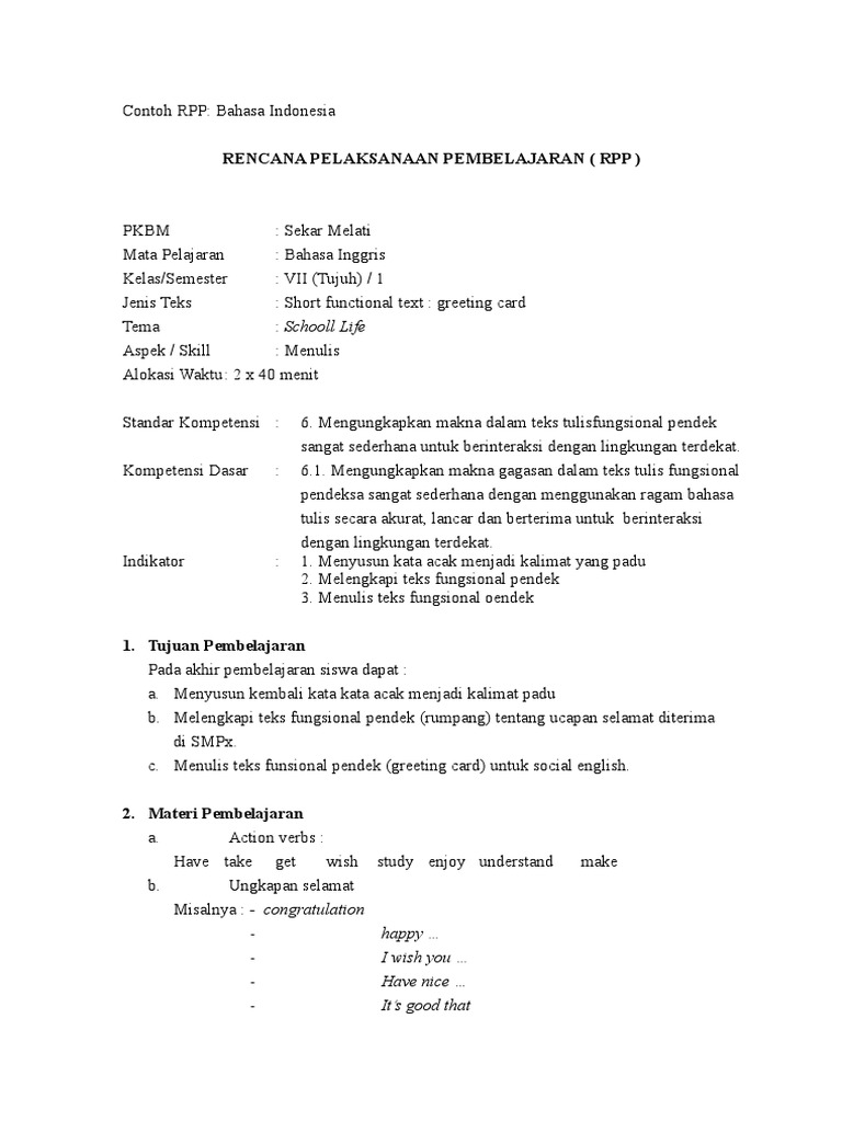 Contoh RPP Bahasa Inggris Kelas VII | PDF | Karier & Perkembangan ...