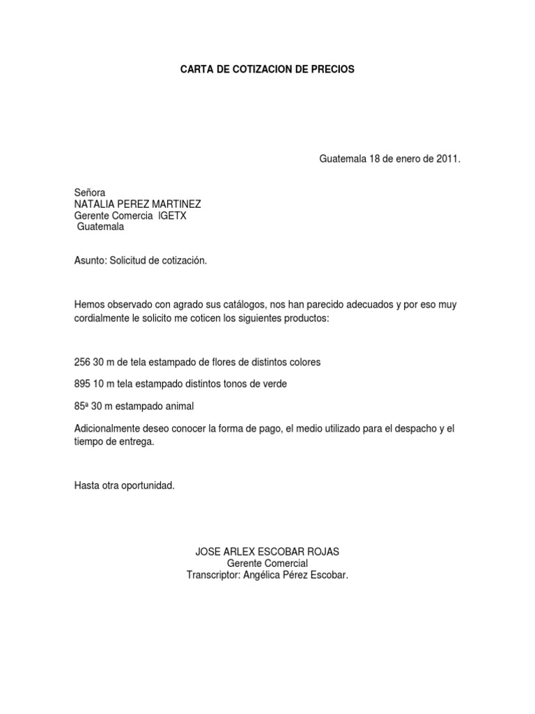 Carta De Cotizacion De Precios Guatemala Pagaré