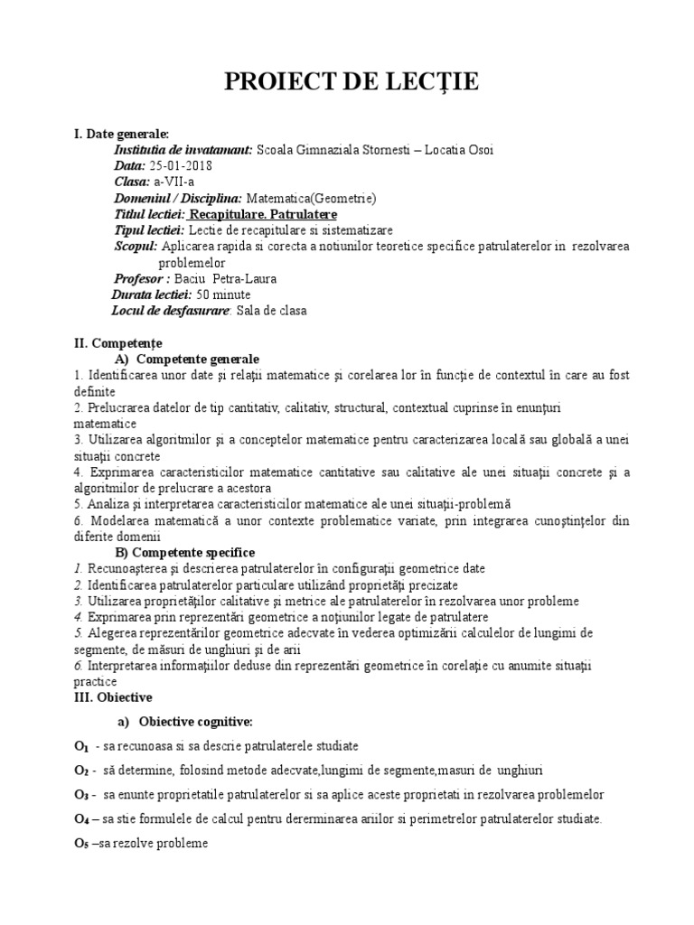 Proiect Didactic Clasa 7 Comisie Patrulatere