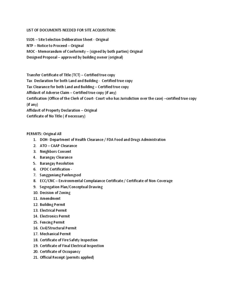 Checklist For Site Acquisition | PDF