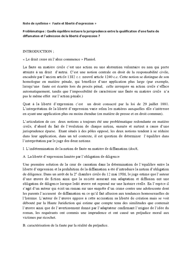 Note De Synthese Pdf Liberte D Expression Diffamation
