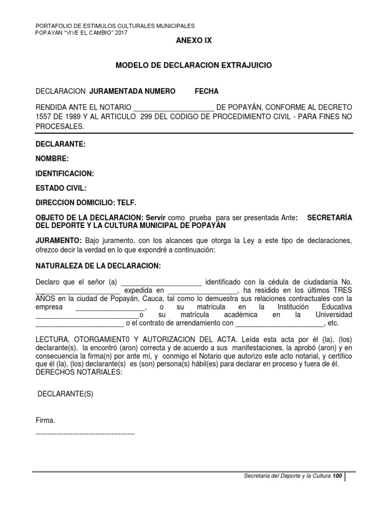 Declaración extrajuicio modelo