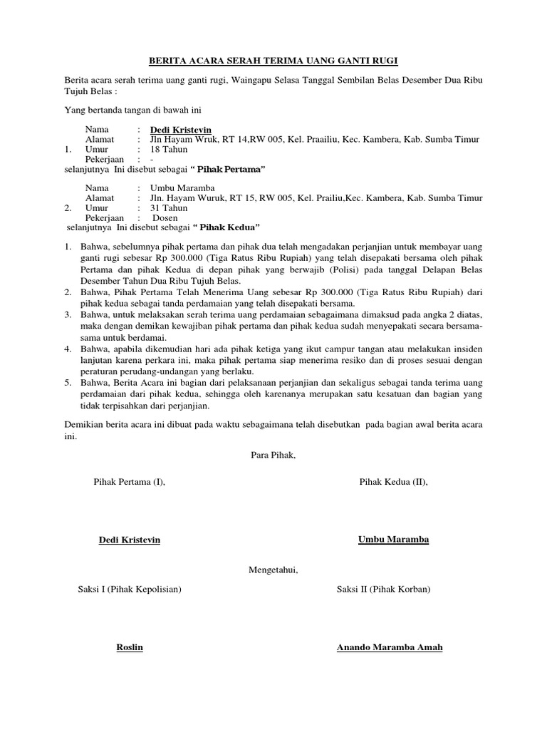 Berita Acara Serah Terima Uang Ganti Rugi