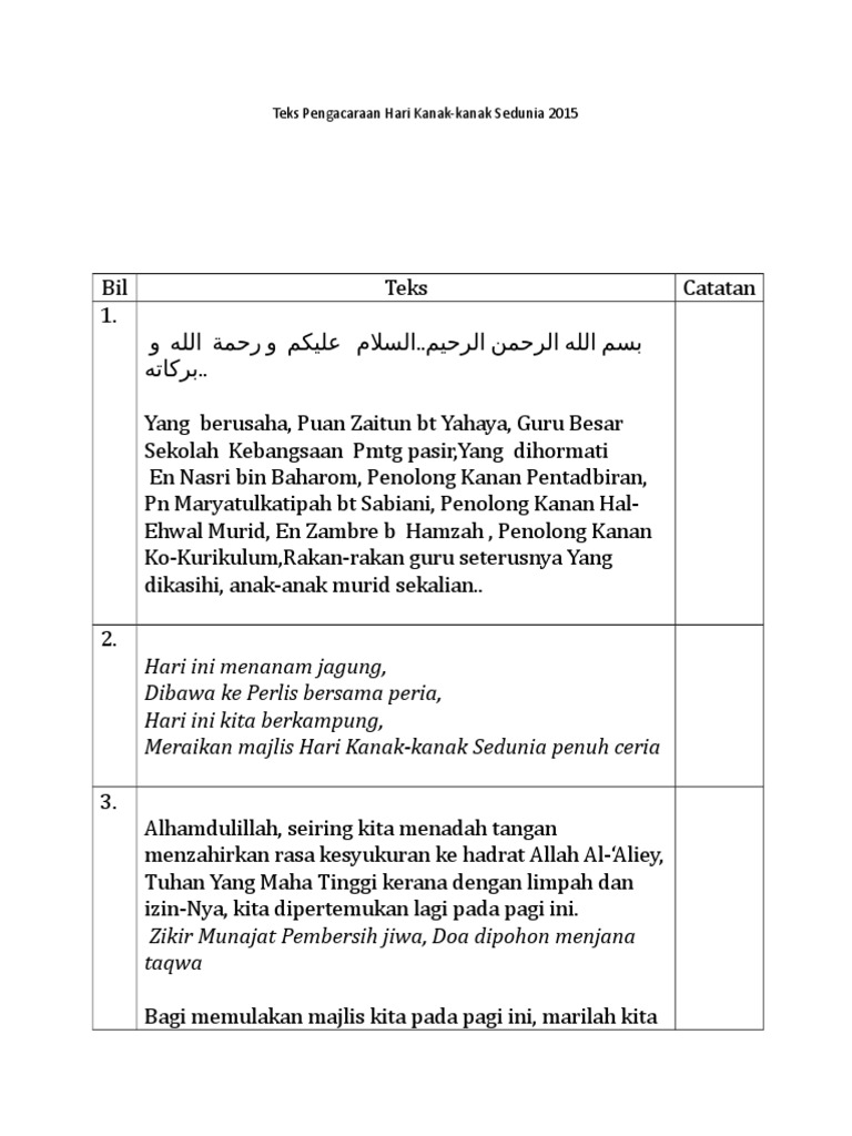 Teks Pengacara Majlis Hari Kanak Kanak