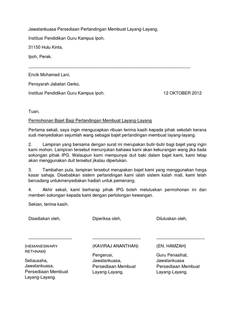 Surat Permohonan Bajet Pertandingan Layangx22 Pdf