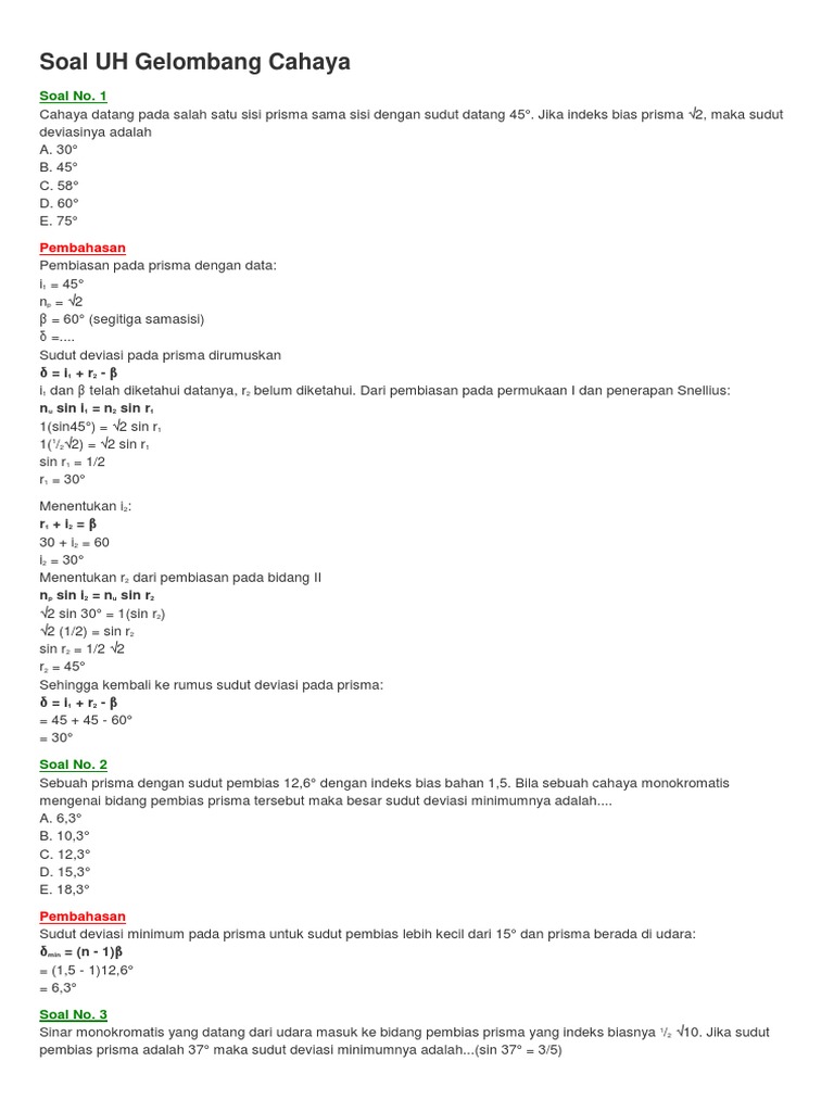 Contoh Soal Uh Gelombang Cahaya