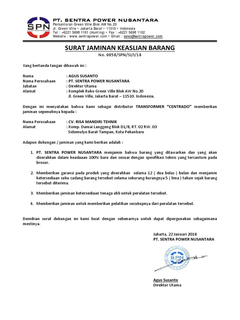 Contoh Surat Garansi Distributor Dhirajamal