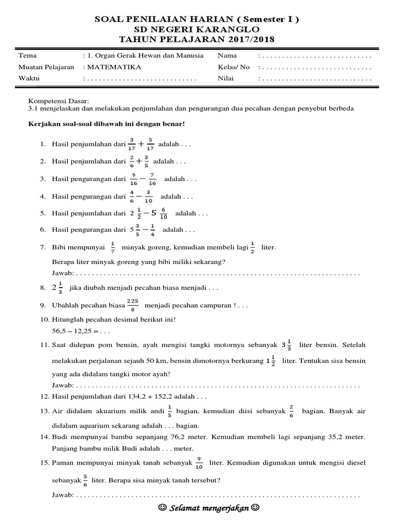  Soal  Penilaian Harian Kelas  5  Semester 1  Tema  1  Muatan 