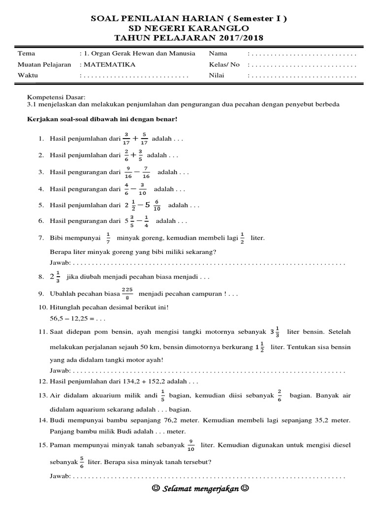 Soal Penilaian Harian Kelas 5 Semester 1 Tema 1 Muatan Matematika