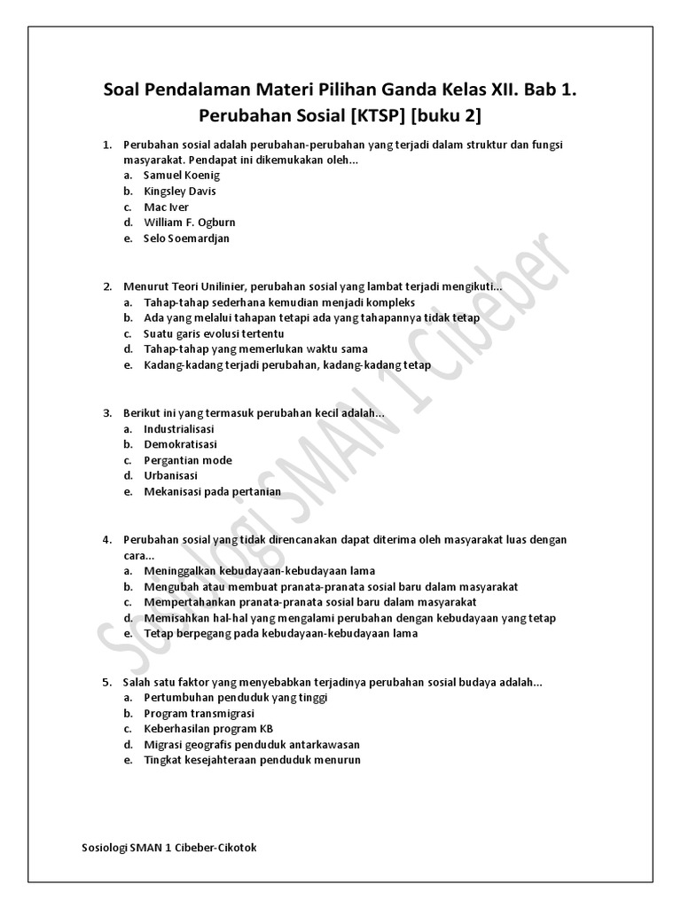 3 Soal Pendalaman Materi Pilihan Ganda Kelas Xii Bab 1 Perubahan Sosial Ktsp Buku 2