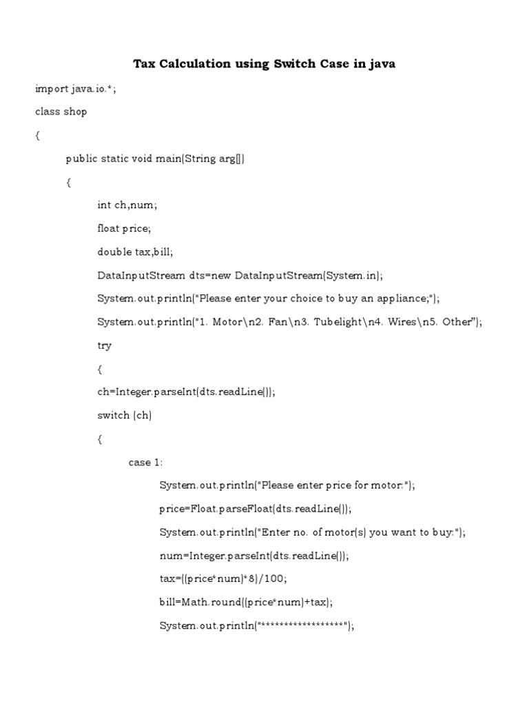 Tax Calculation Using Switch Case in Java | PDF | Government Finances ...