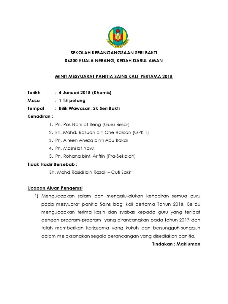 Minit Mesyuarat Pertama Sains 2018