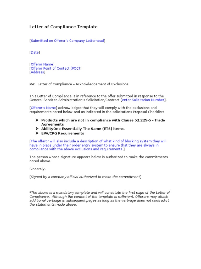 Letter of Compliance Template 6-09 | PDF