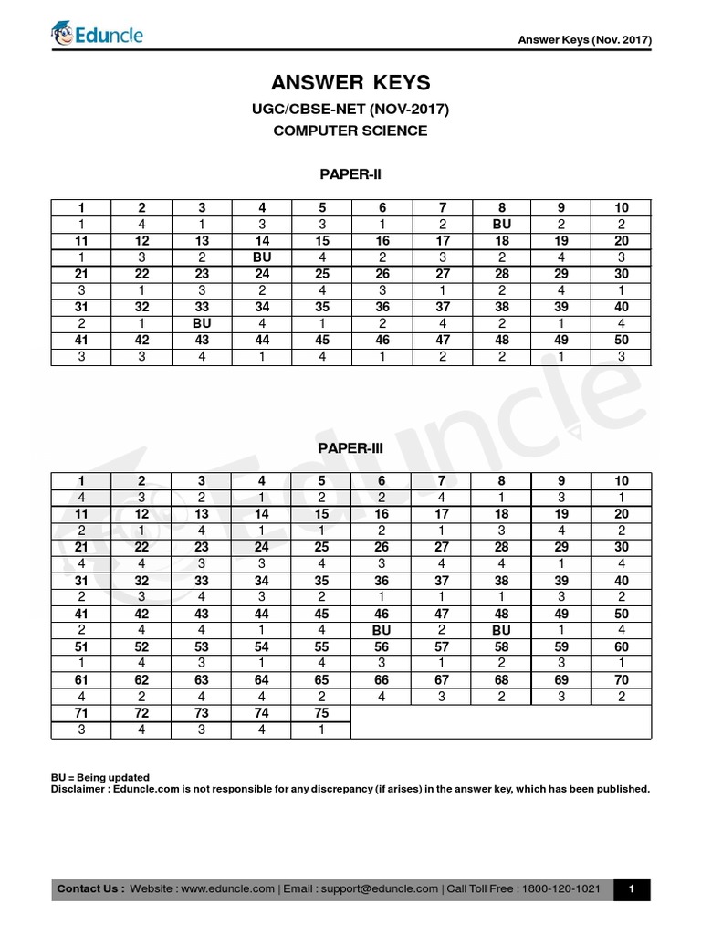 UGC NET Computer Science Answer Key 2017 | PDF