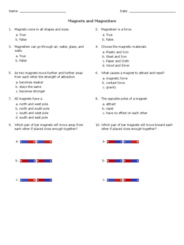 Magnets And Magnetism Grade 3 Free Printable Tests And Worksheets Helpteaching Magnet Magnetism