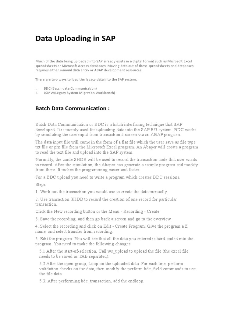 Data Uploading in SAP PDF Microsoft Excel Computer Programming