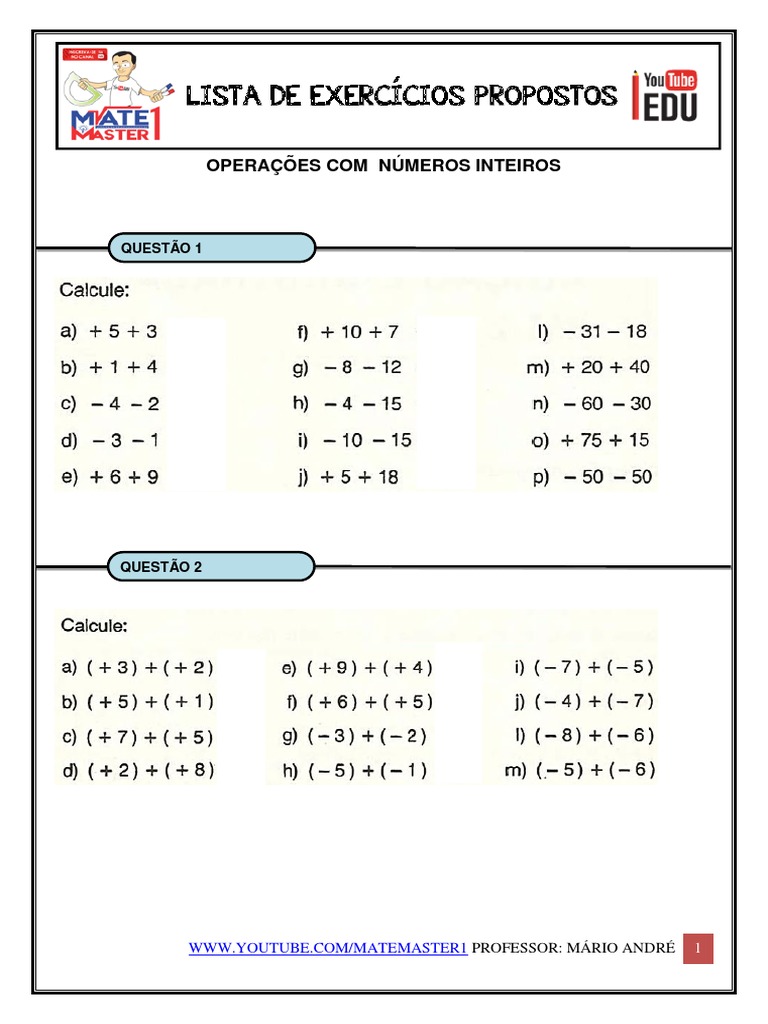 Lista De Exercicios OperaÇÕes Com NÚmeros Inteirospdf