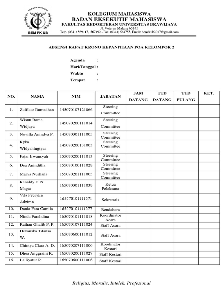 Absensi Rapat POA Kelompok 2 BEM FKUB | PDF