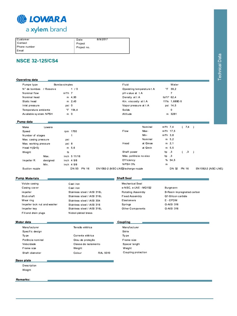Pump Operating Data and Specifications | PDF | Nature