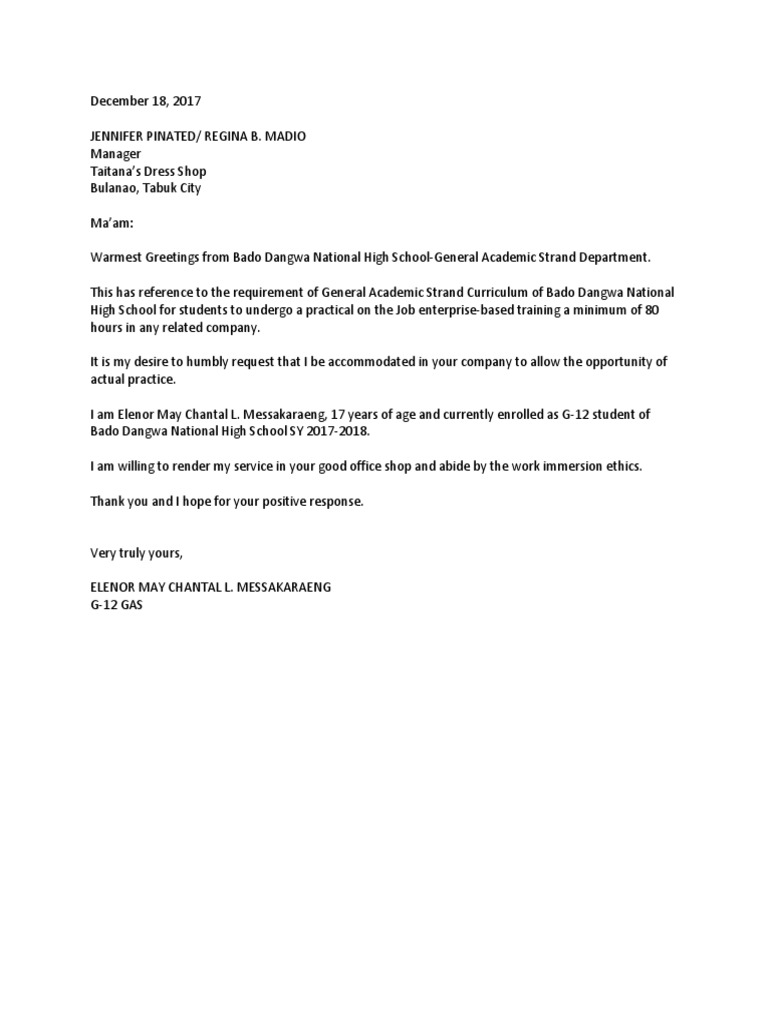 application letter for work immersion ict student