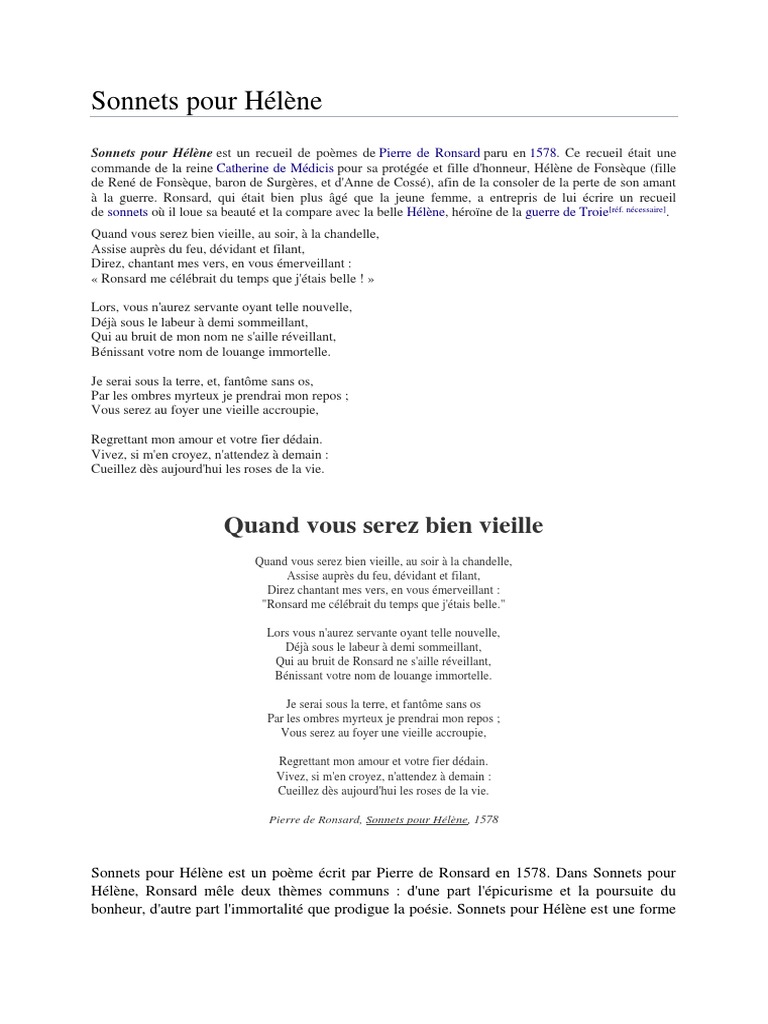Sonnets Pour Helene Poesie Amour