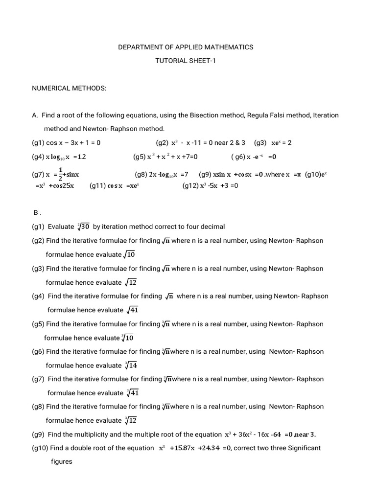 Numerical Methods Tutorial Sheet 1 | PDF | Mathematical Concepts | Algebra