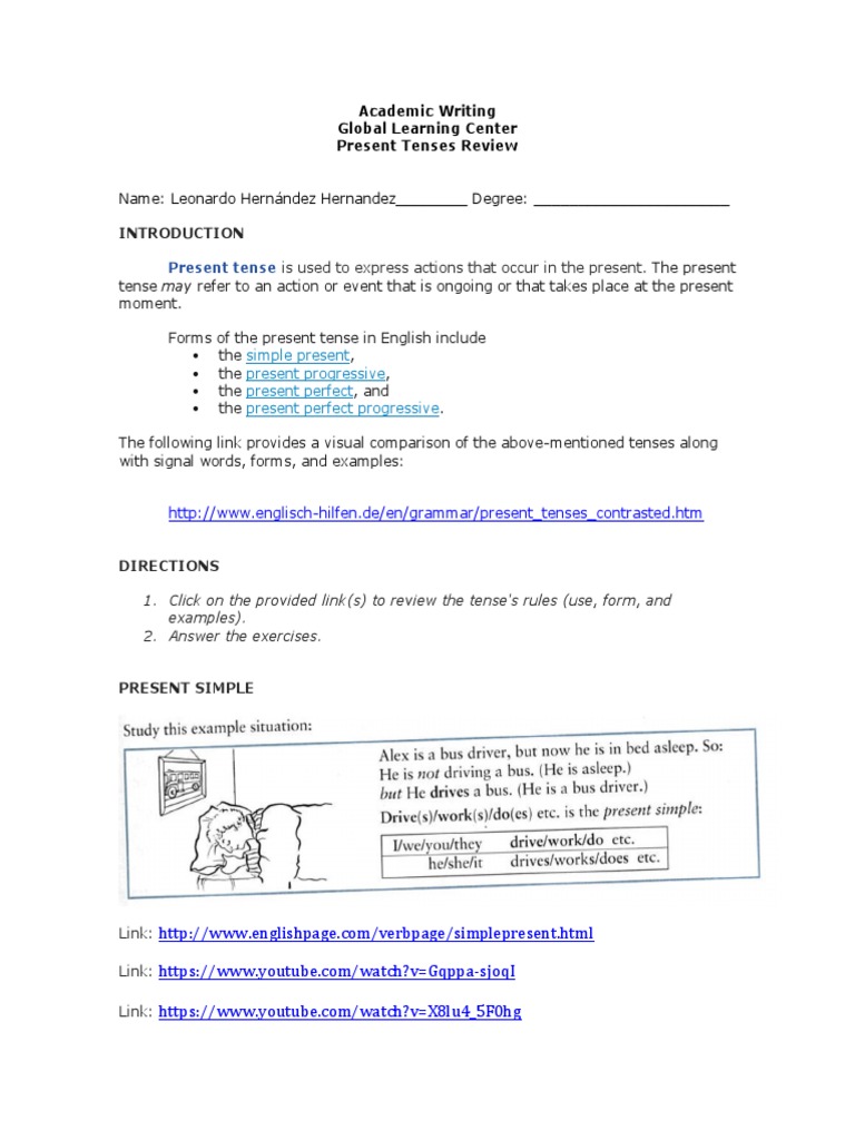 Academic Writing Course Present Tenses Review Grammatical Tense Linguistic Morphology