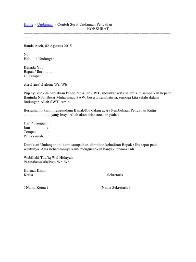 47 Contoh Surat Undangan Pengajian Untuk Camat Gratis Terbaik
