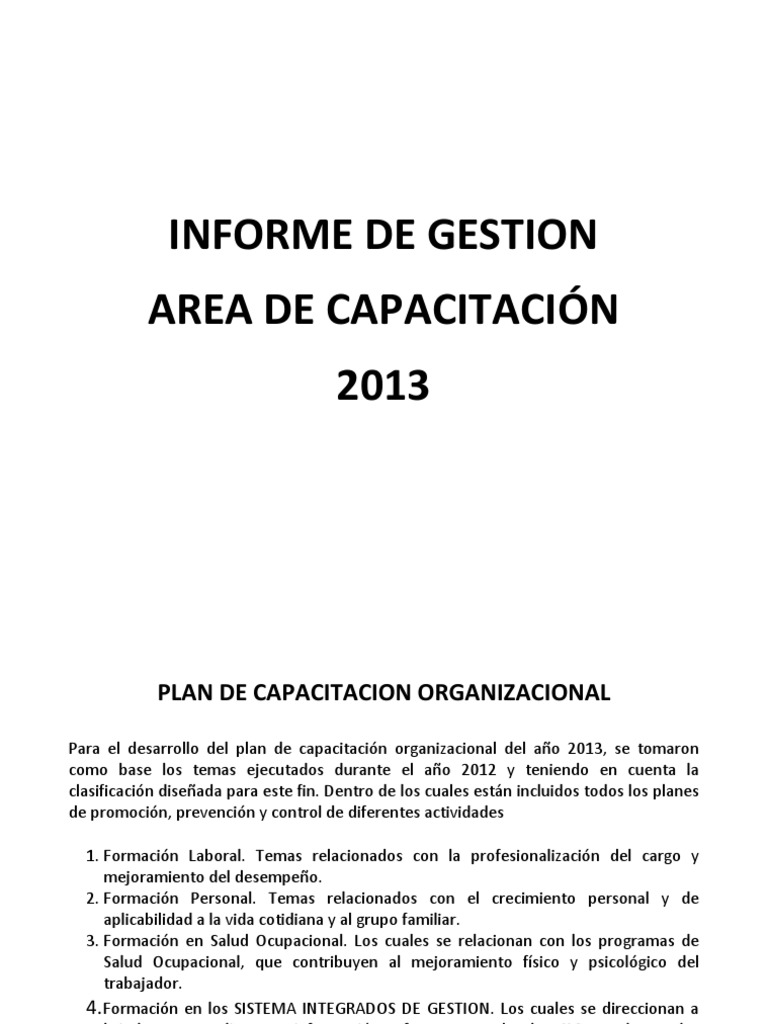 Informe de Gestion Area de Capacitaciones 2013 | PDF | Desarrollo personal  | Business