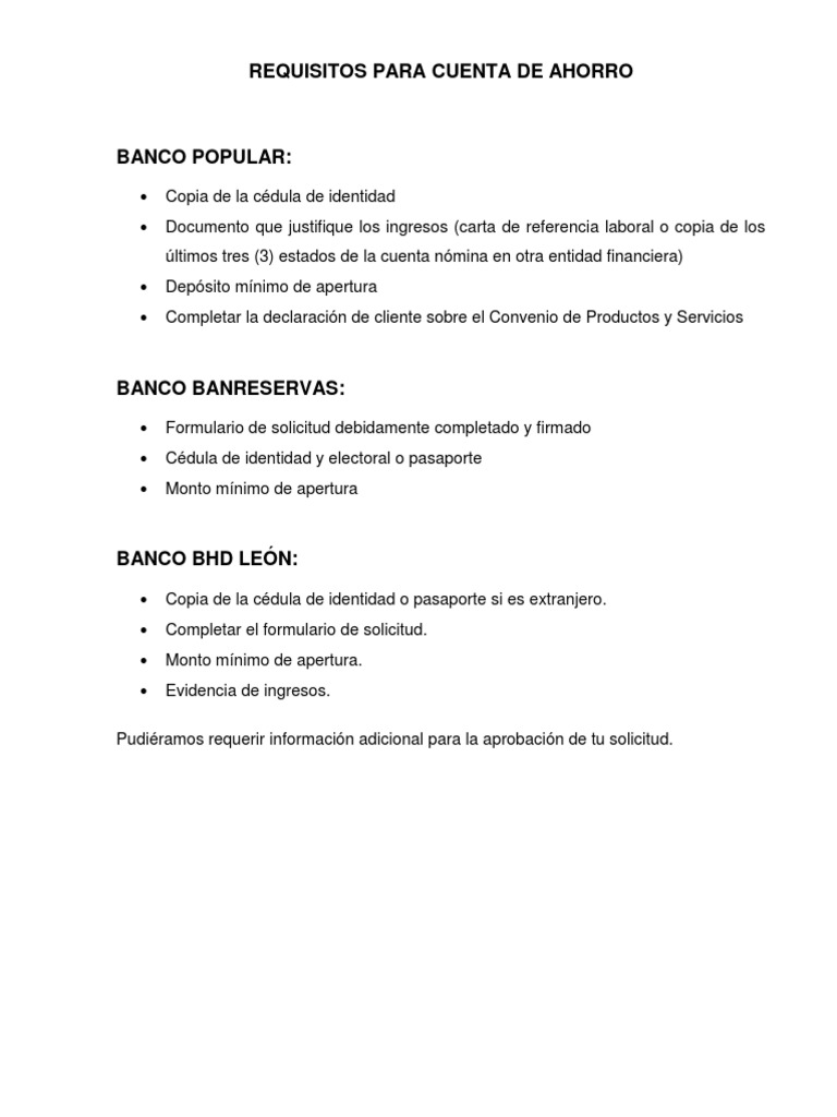 Requisitos para abrir cuenta de ahorro | PDF | Negocios | Finanzas y dinero
