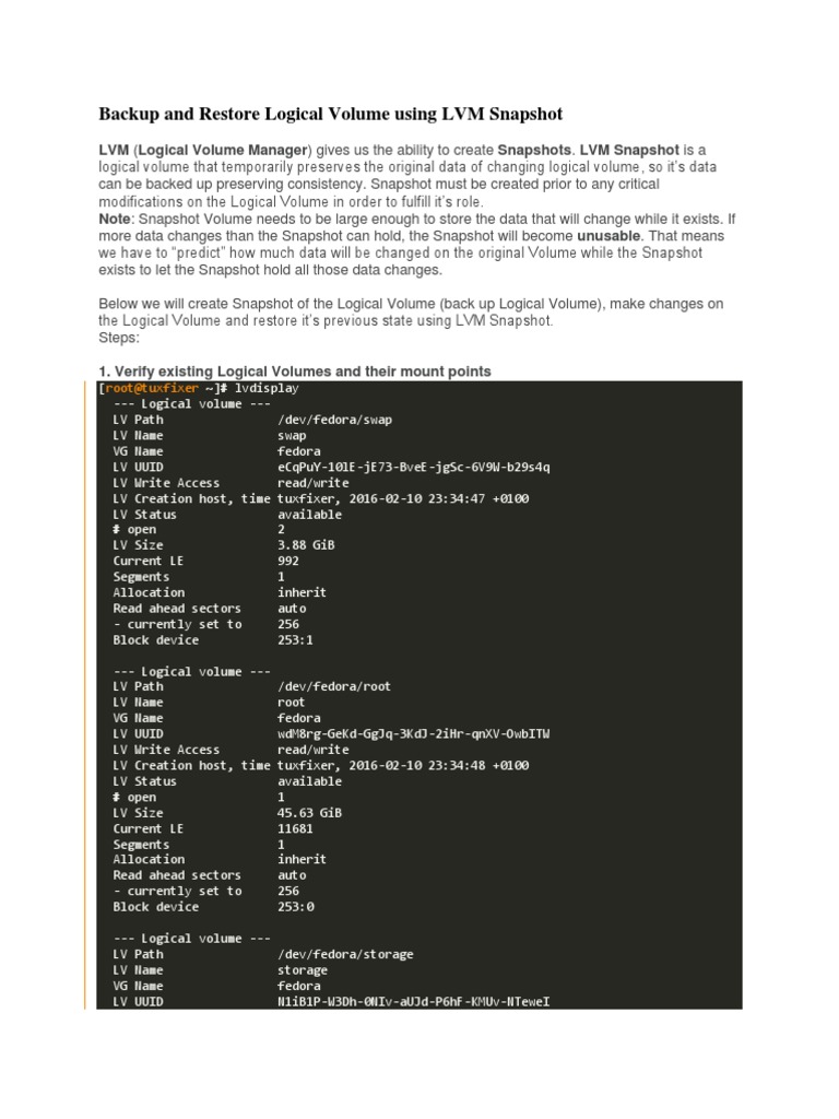 Backup and Restore Logical Volume Using LVM Snapshot | PDF | Backup ...