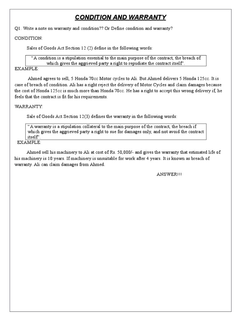 Condition and Warranty PDF Implied Warranty Breach Of Contract