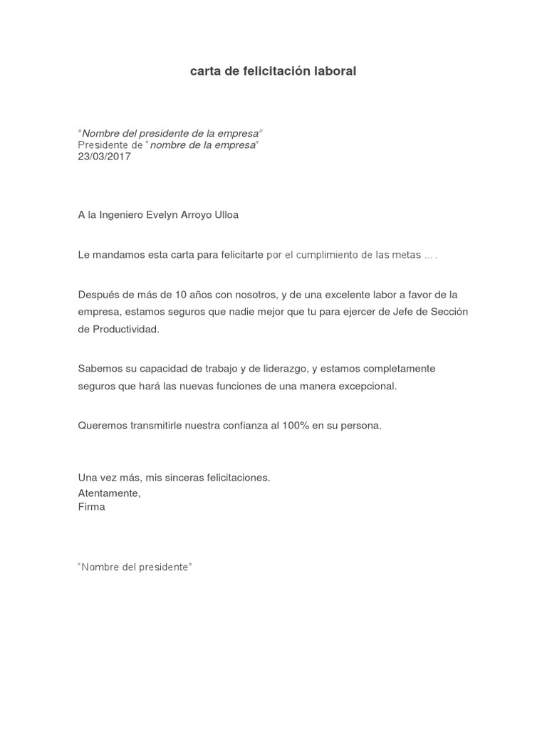 Ejemplo de Carta de Felicitación Laboral