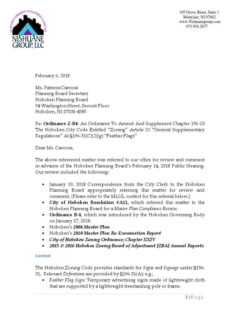 Hoboken Planning Board Feather Flag Ordinance Compliance Review Memo