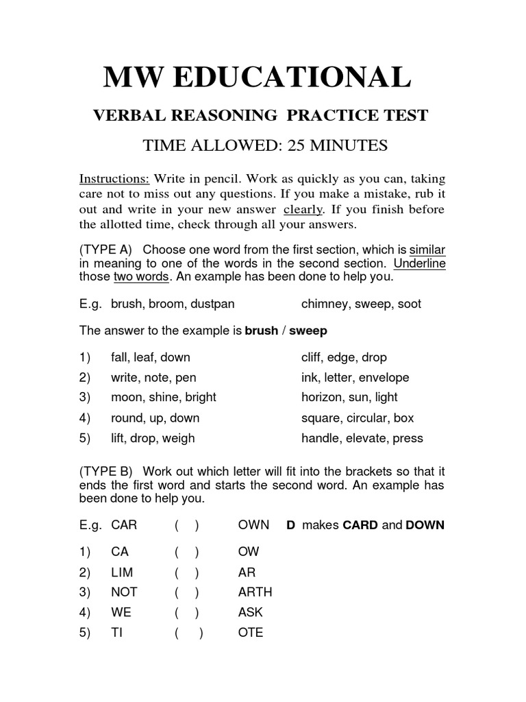 MW Educational Free Eleven Plus Practice Papers Verbal Reasoning Word