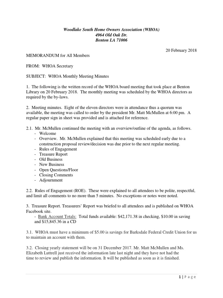 Woodlake South Home Owners Association (WHOA) 4964 Old Oak Dr. Benton