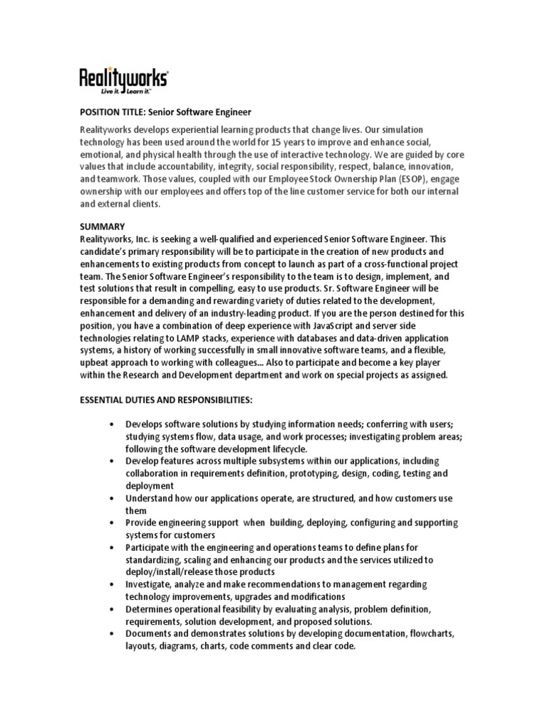 Senior Software Engineer Role | PDF | Software Development | Engineering