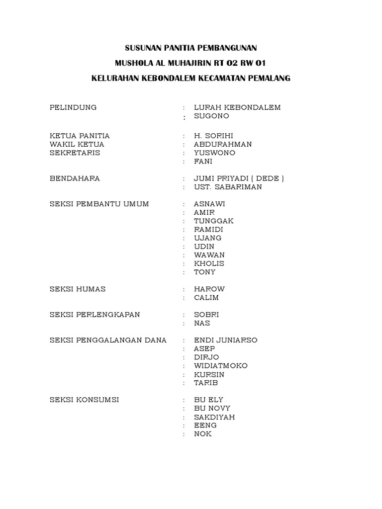 Susunan Panitia Pembangunan Mushola | PDF