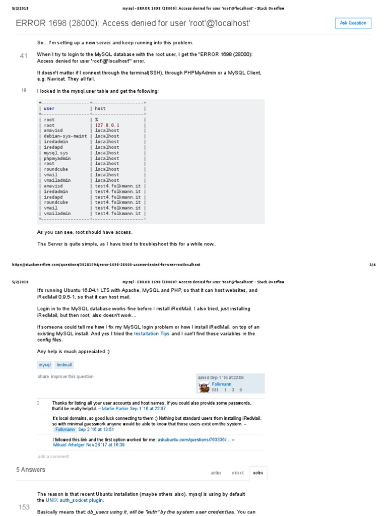 Mysql - Mariadb - ERROR 1698 (28000) - Access Denied For User Root-Localhost  - Stack Overflow | PDF | My Sql | Superuser