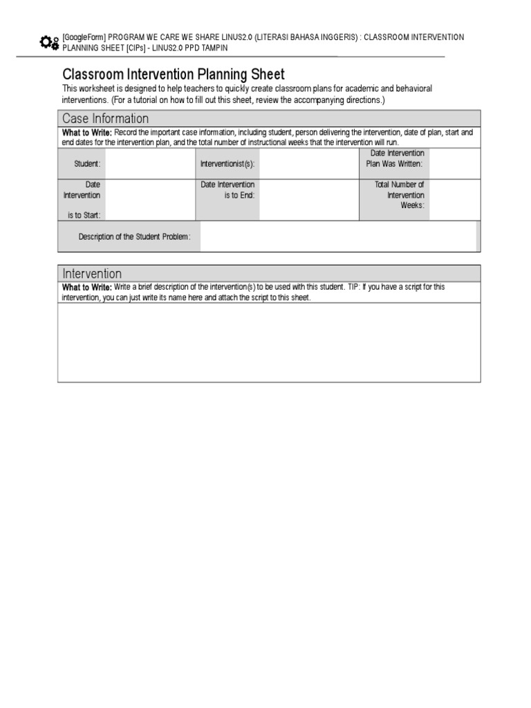 (Sample) Classroom Intervention Planning Sheet (Cips) - Linus2.0 PPD Tampin | PDF | Worksheet | Data