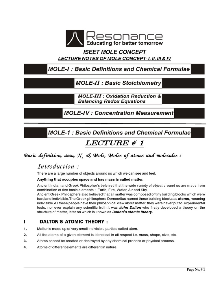 Mole Concept Lecture Notes | PDF | Stoichiometry | Mole (Unit)