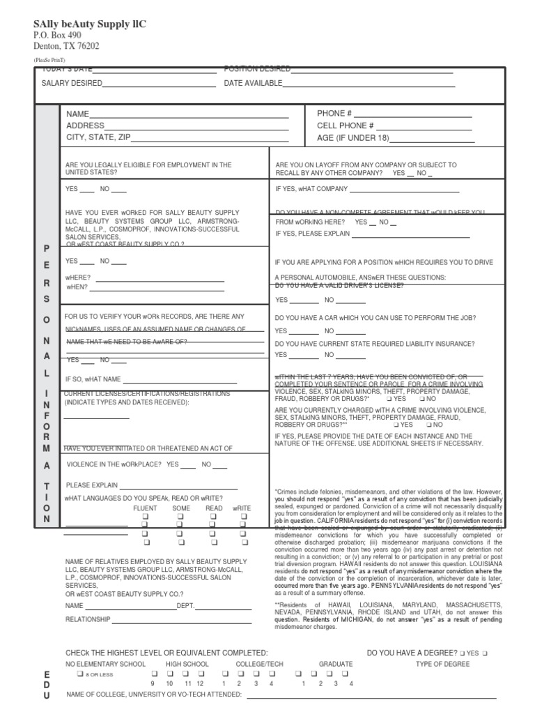 Sally Beauty Supply Job Application Arrest Employment