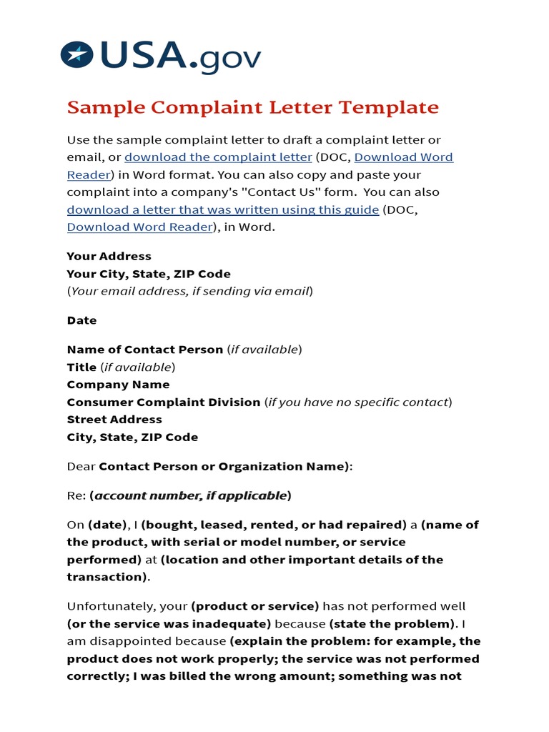 Sample Complaint Letter Template | Pdf