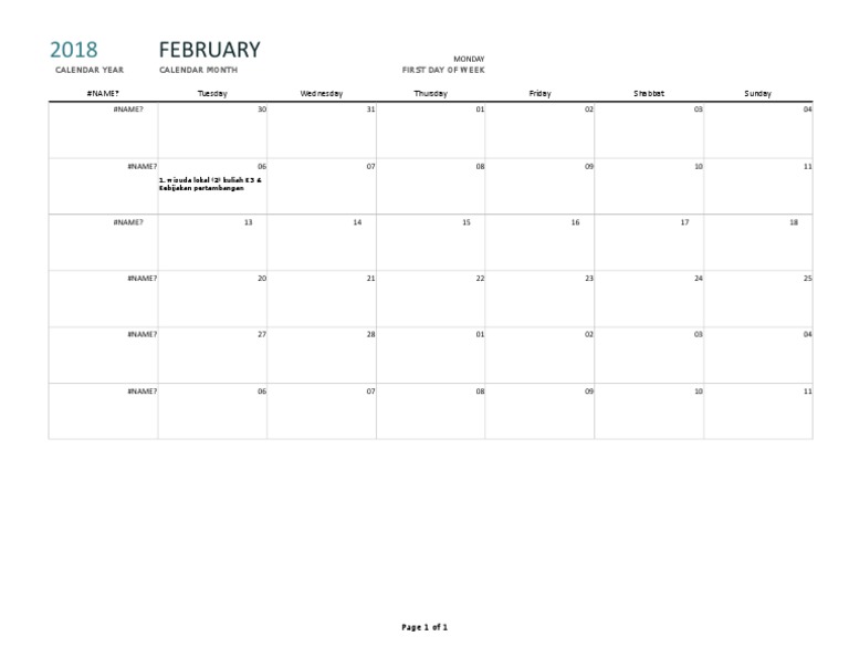 Any year one month calendar 2018 pdf