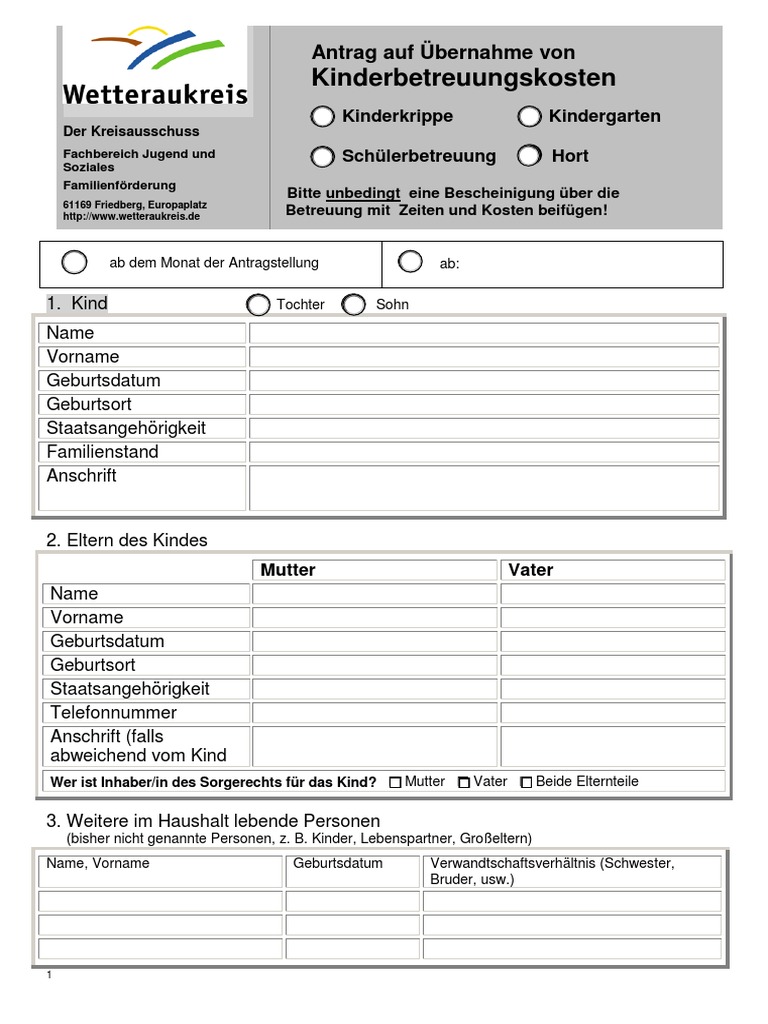 Antragsformular Auf UEbernahme Kinderbetreuungskosten | PDF