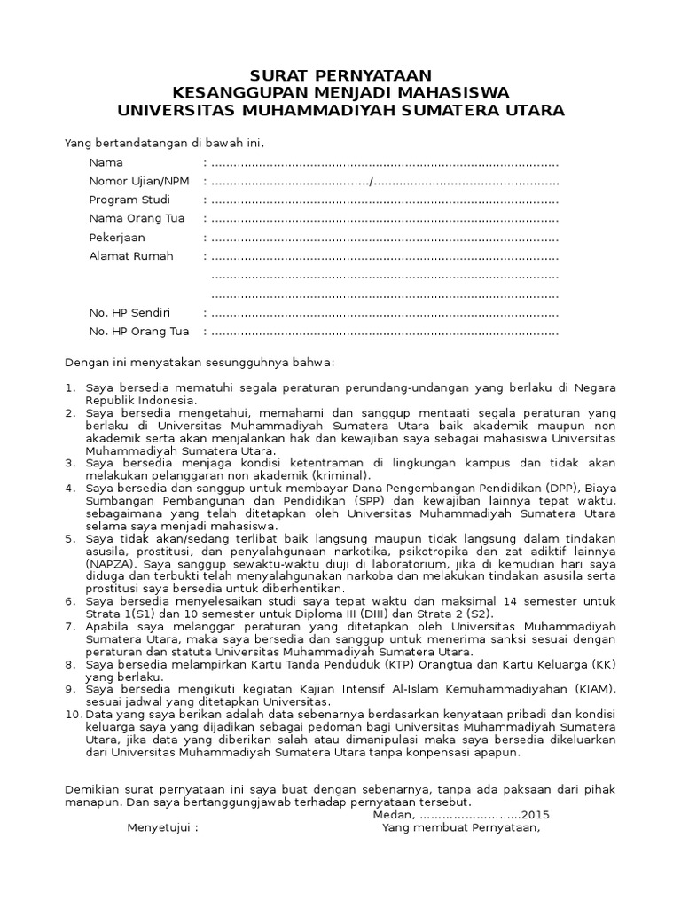 Contoh Surat Pernyataan Kesanggupan