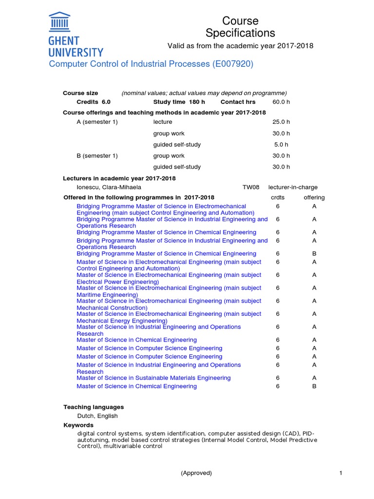 Course Specifications: Computer Control of Industrial Processes ...