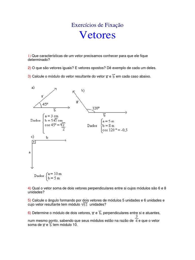 Exercícios de Vetores | PDF | Deslocamento (vetor) | Vetor euclidiano