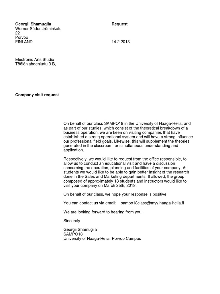 Company Visit Request by SAMPO18 Class | PDF