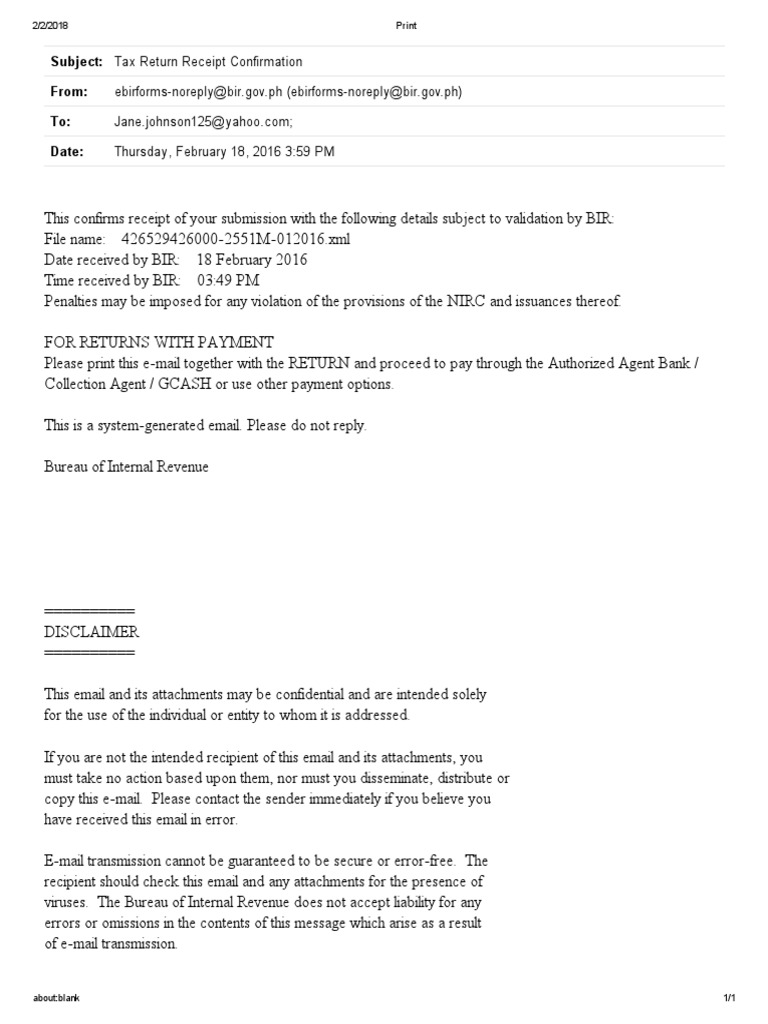 Subject Tax Return Receipt Confirmation From EbirformsNoreplybir